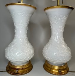 Pair Of Pressed Milk Glass Vases Lamps With Cherry Blossom Decoration