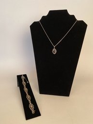 Vintage Italian Made Sterling Silver And Marcasite Necklace With Coin Silver And Marcasite Bracelet