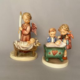 Two Hummel Figurines: Boy With Baby, Boy And Girl With Baby