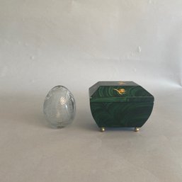Etched And Cut Clear Glass Egg And A Faux-painted Lidded Box, Signed By The Artist