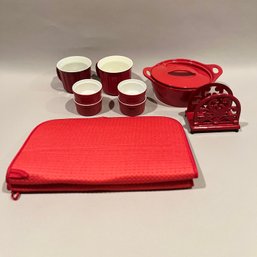 Various Kitchen Articles In Red,  Including 4 Emile Henry Ramekins