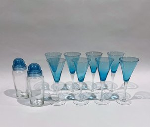 8 Blue Martini Glasses And 2 Matching Cocktail Shakers