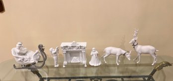 Winter Silhouette White Porcelain Figurines: Sleigh Ride, Snowy White Deer, Decorating The Mantle