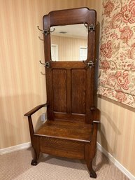 Victorian Carved Oak Hall Tree With Mirror And Storage Bench