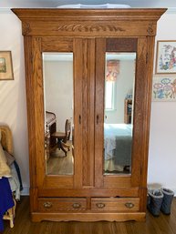 Antique French Provincial Style Oak Armoire With Mirrored Doors, Circa 1900