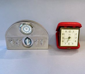 Wedgwood Silvertone Small Mantleclock And Vintage Elgin Travel Alarm Clock In Red Leather Case