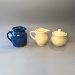 Pottery Barn Yellow Ceramic Sugar Bowl And Creamer  With Blue Earthenware Pitcher