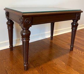British Colonial Style Cane And Glass Top Mahogany Coffee Table