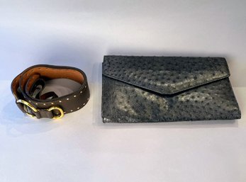 Ostrich Leather Clutch And Women's Wide Leather Belt With Studs And Round Brass Buckle