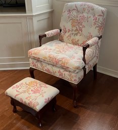 Custom Upholstered Arm Chair With Matching Upholstered Footstool /Storage Bench