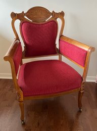 Victorian Style Oak Arm Chair With Red Upholstery And Inlaid Decoration