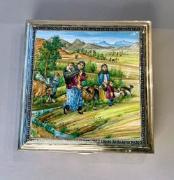 Persian 84 Silver Box With Scene Of Persian Farm Family In The Foothills Of The Zagros Mountains, 20th Century