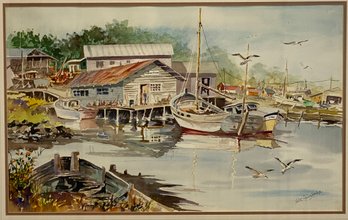 Walter Groombridge (american), Untitled Harbor Scene, Watercolor On Paper, Circa 1976