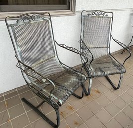 Possibly Russell Woodard Pair Of Wrought Iron Outdoor Patio Bouncer Armchairs