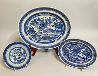 Chinese Canton Blue And White Platters And Soup Bowl