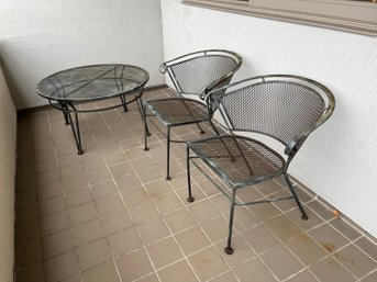 Set Of Iron Outdoor Table And Chairs: Two Barrel Shaped Chairs With Round Coffee Table