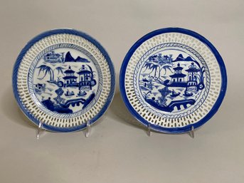 Pair Of Chinese Canton Blue And White Reticulated Plates, Late 18th Century