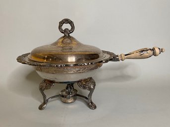Silver Plated Covered, Wood Handled Chafing Dish On Stand With Burner