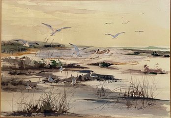 Walter Groombridge, Seagulls On The Water, Watercolor On Paper, Circa 1970