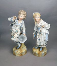 Pair Of Tinted Bisque And Glazed Porcelain Figurines, France