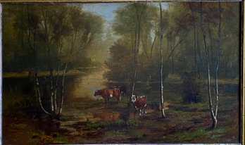 Warren Brown, American Landscape, Cows At A Stream, Oil On Canvas, C. 1880