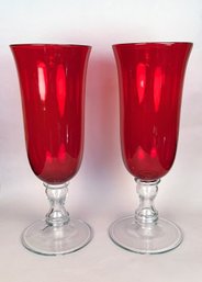 Pair Of  Large Red Glass Hurricanes Candle Holders, Modern