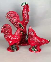 Three Royal Haeger USA Ceramic Red Rooster Figurines, C. Mid-20th Century