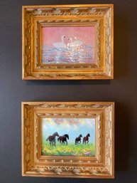 Pair Of Wildlife Paintings: Fumina, 'Horses Galloping' And Rossi, 'Swans On Water',  Enamel On Copper