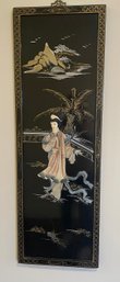 Asian Black Lacquer Hand Painted And Carved Wall Panel With Carved And Applied Stone