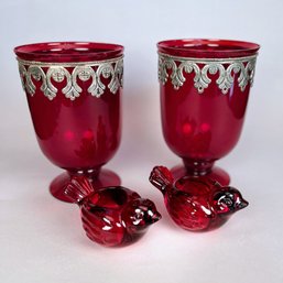 Pair Of Red Pewter-mounted Hurricane Candle Holders And Pair Of Red Bird Votives