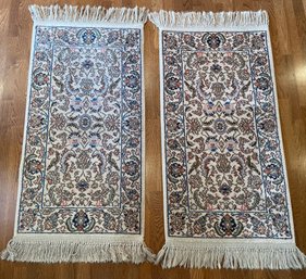 Pair Of Karastan Tabriz Wool Rugs, With Blues, Oranges, Browns And Pinks With Ivory Ground