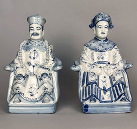 Pair Of Chinese Blue And White Figures, Emperor And Empress, China, Modern