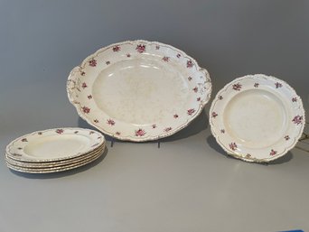 John Maddock And Sons Royal Vitreous, Alsager Roses 16 1/2' Platter With Six  8' Plates, England