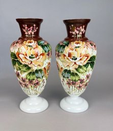 Pair Of Vintage Handpainted Milkglass Floral Vases, C. 20th Century