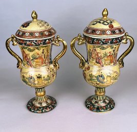 Pair Of Chinese Satsuma Style Covered Urns, China, Modern