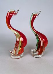 Pair Of  Small Art Glass Red Glass Swans, Modern