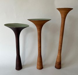 Set Of Three Midcentury Leather Wrapped Metal Candlesticks By Giorgio Pizzitutti, C. 1980s