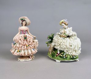 Two Crinoline Lace Maidens, Dresden And Unterweissbach Porcelain, Germany, 20th Century