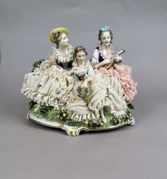 Unterweissbach Porcelain Crinoline Lace Figural Group Of Three Maidens, Germany,  C. 1958-1976