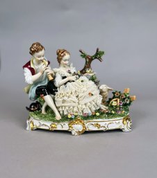 Unterweissbach Porcelain Crinoline Lace Flute Player & Girl With Lamb, Germany,  C. 1958-1976