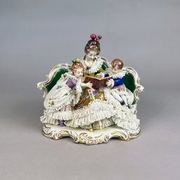 Rudolstadt Volkstedt Porcelain Crinoline Lace Figural Group Of Mother Reading To Children, Germany