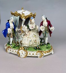 Unterweissbach Crinoline Lace Figural Group, The Elegant And Her Suitors, Germany, C. 1958-1976