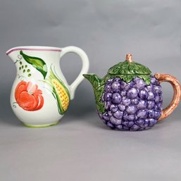 Pitcher With Vegetable Decoration And Grape Form Teapot