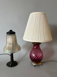 Two Vintage Table Lamps: Leviton Cranberry Glass Lamp,  Art Nouveau Style Lamp With Iridescent Shade