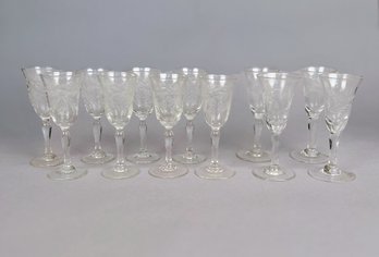 Two Sets Of 12 Etched Glass Cordial Glasses, Circa 1940