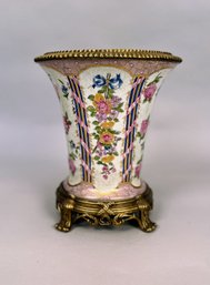 Chinese Famille Rose Style Vase On Brass Stand, Modern