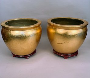 Pair Gold Glazed Ceramic Planters On Stands, Modern