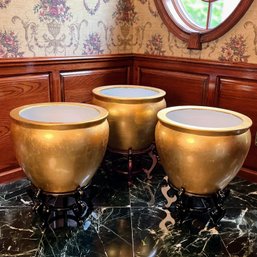 Trio Of Gold Glazed Ceramic Large Scale Planters On Stands, Modern