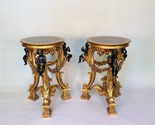 Pair Of Neoclassical Style Giltwood Tripod Plant Stands Or Side Tables With Marble, 20th Century -RET TO ENTRY