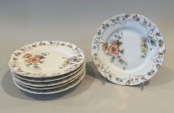 Six Vintage Porcelain Plates With Gold And Floral Decorated Border